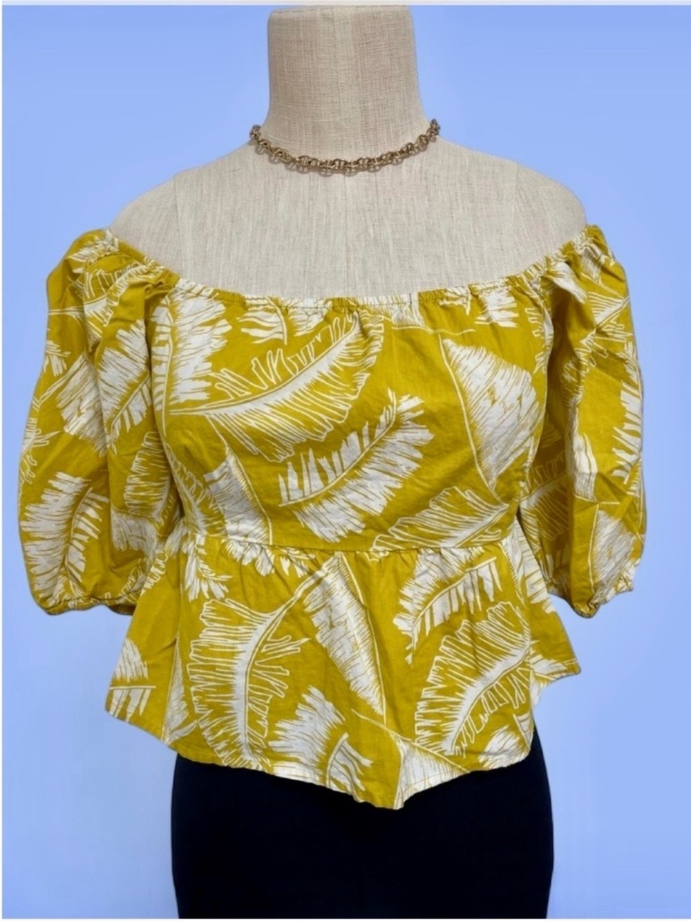 Off-Shoulder Yellow Leaf-Print Peplum Blouse